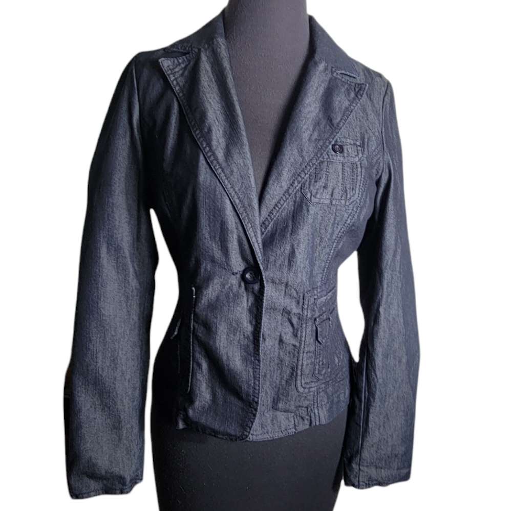 Apostrophe denim blazer women's size 4 dark wash cotton blend jean jacket